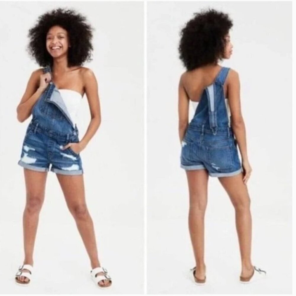 American Eagle Outfitters Blue Denim Short Overalls Romper